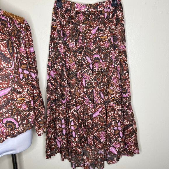 Xirena 2 Piece Set Aimi Top & Iris Skirt Earth Tone Brown Pink Bohemian Peasant - Picture 6 of 14